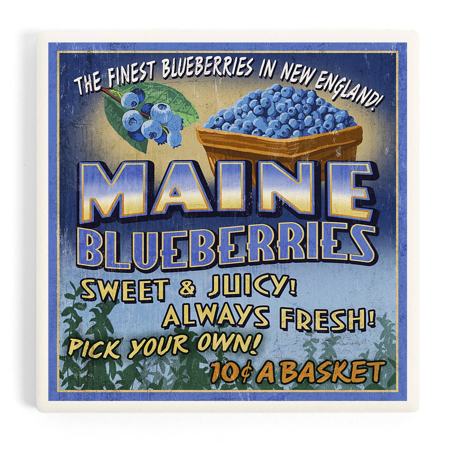Coaster - Ceramic - Maine - Blueberries Vintage Sign