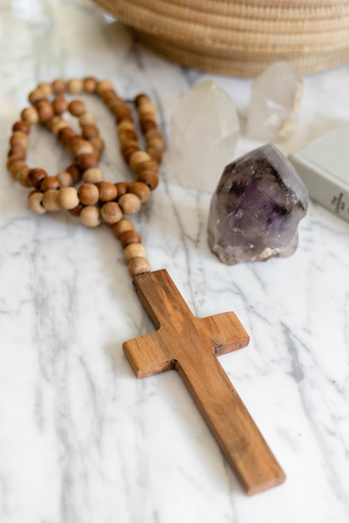 Cross on Natural Wood Bead Strand