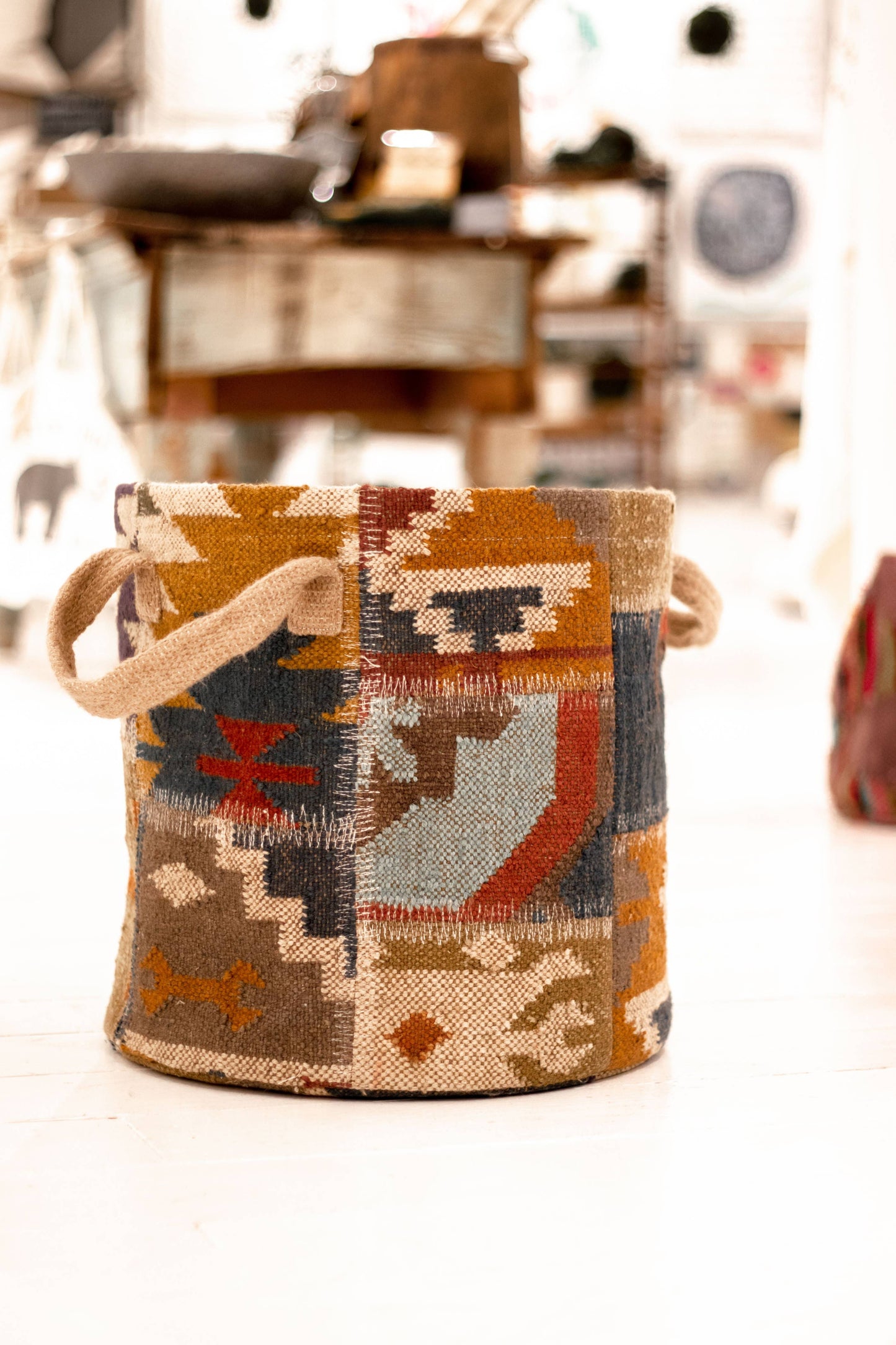 Basket - Woven Kilim 16" tall with a 17" diameter