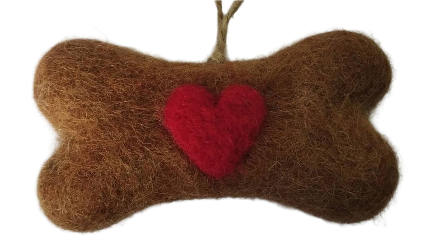 Felted Wool "Dog Bone with Heart" ornament