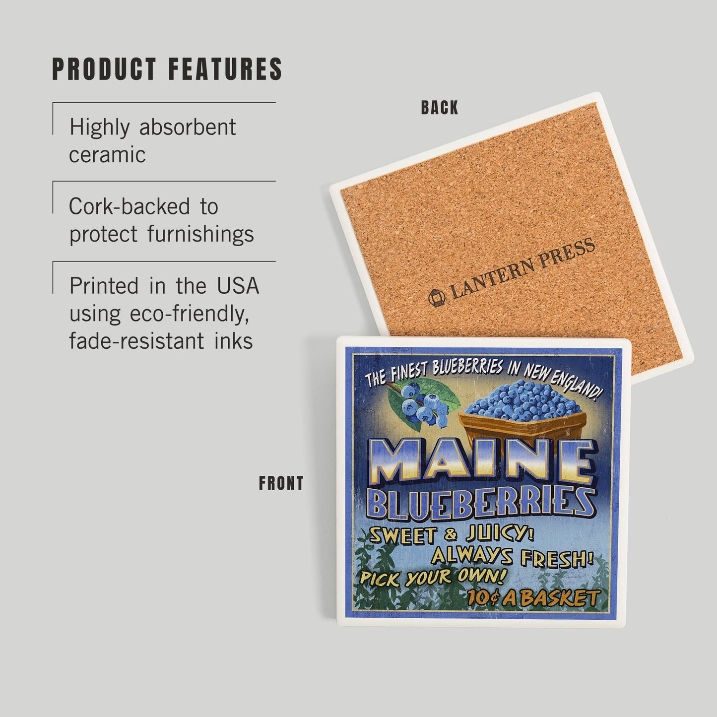 Coaster - Ceramic - Maine - Blueberries Vintage Sign