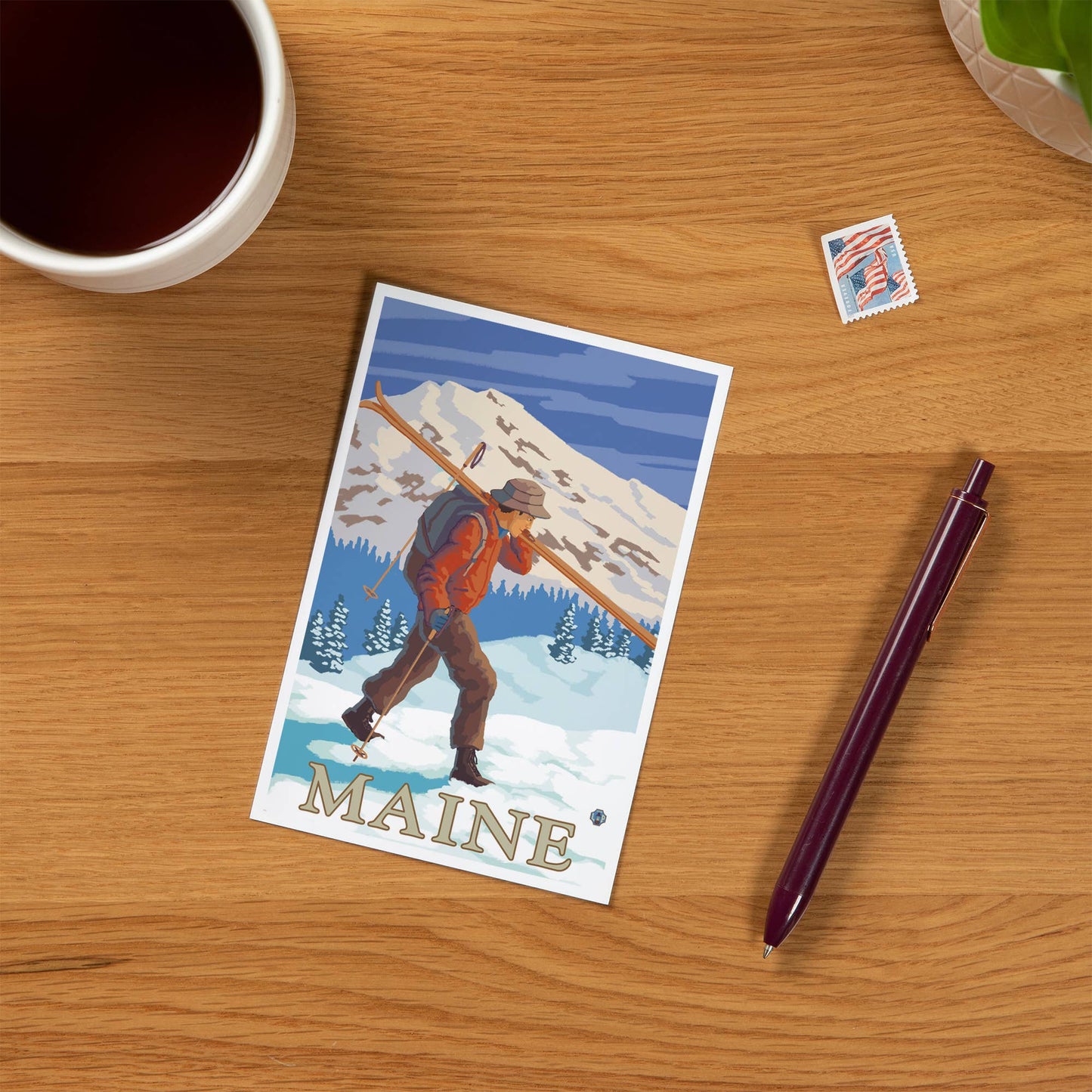 Postcard - Maine - Skier Carrying Skis