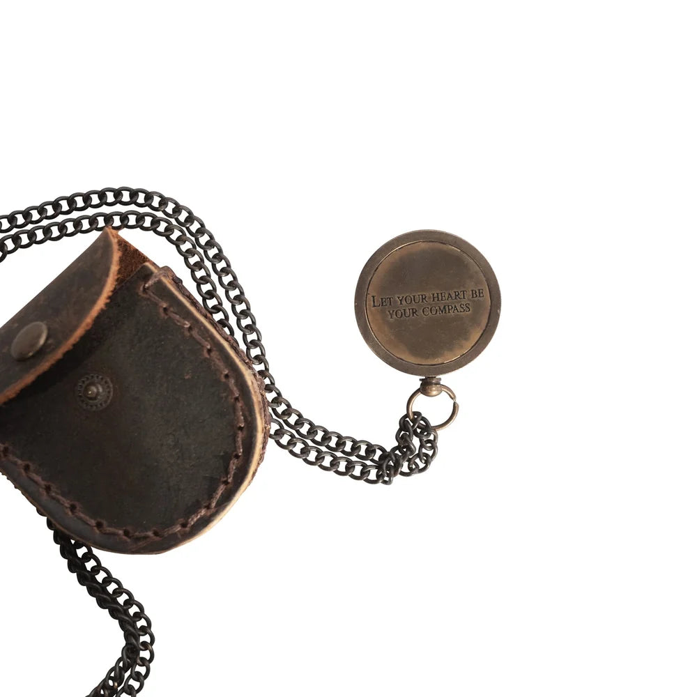 Compass w/ Chain & Leather Pouch - Let your heart be your compass