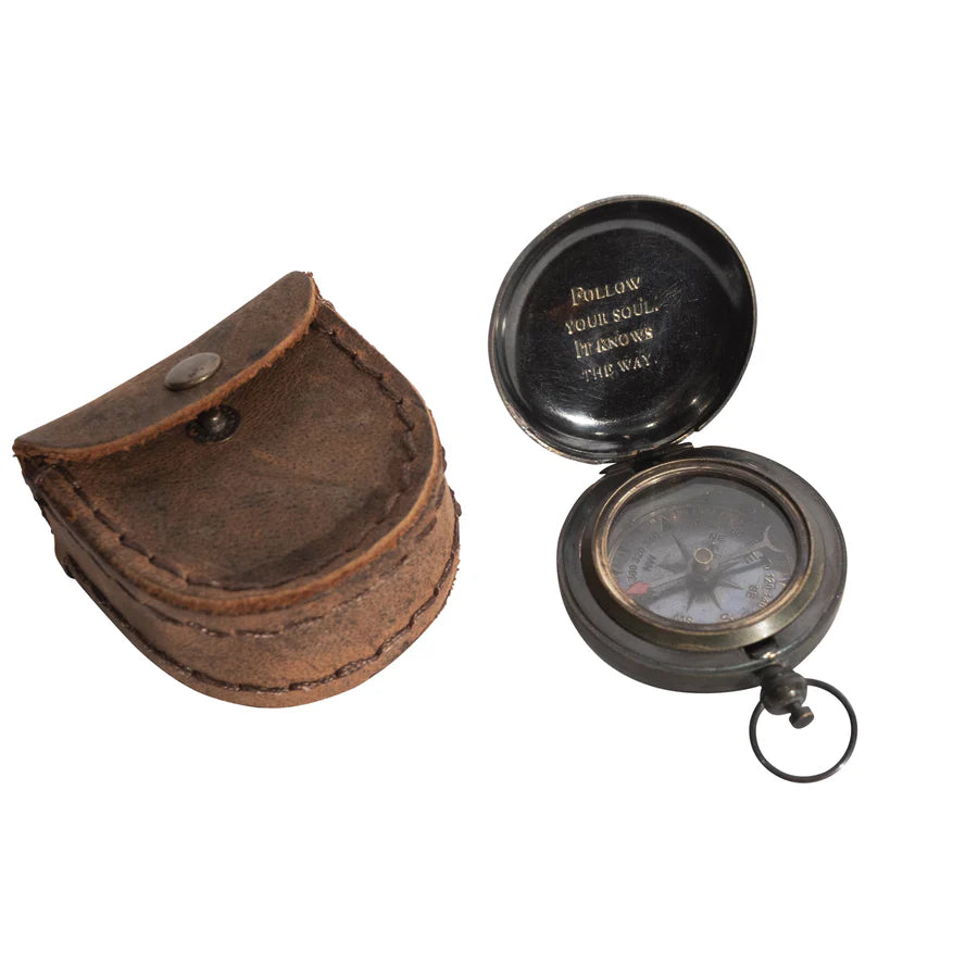 Compass - Push Button Compass With Leather Pouch