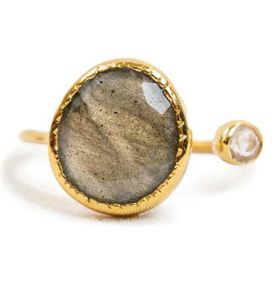 Ring - Gold Plated Oval Labradorite Ring with Small Moonstone