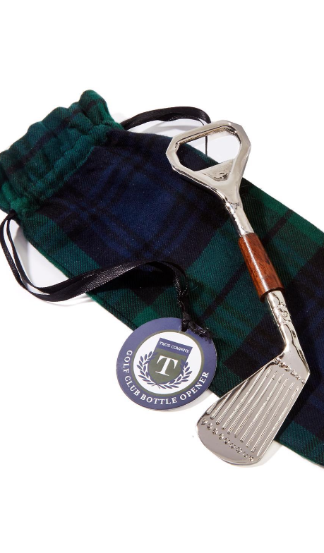 Golf Club Bottle Opener in Plaid Gift Pouch - Brass/Mango Wood