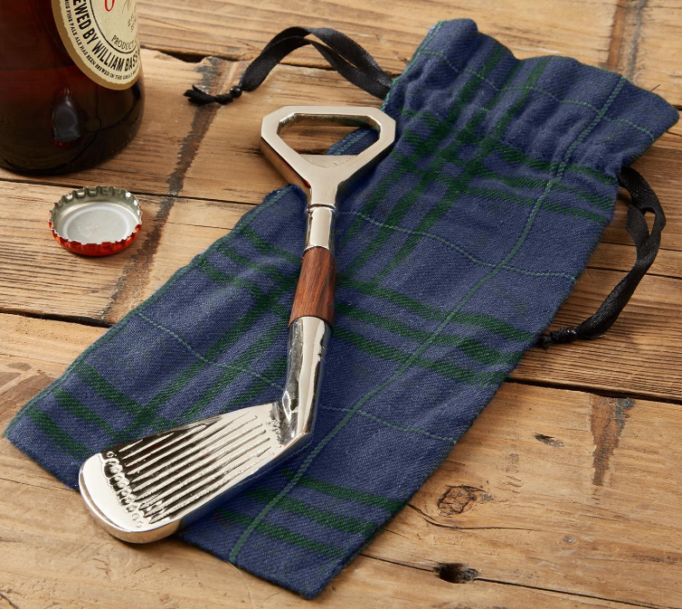 Golf Club Bottle Opener in Plaid Gift Pouch - Brass/Mango Wood