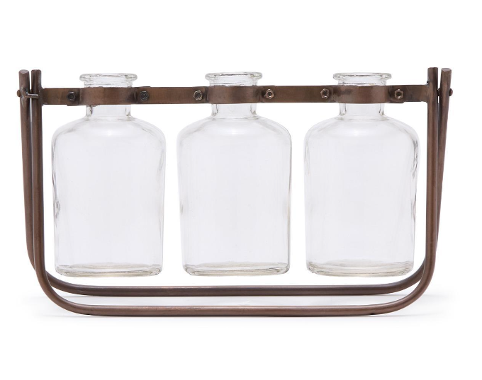 Hinged Flower Arranger with 3 Glass Bottle Vases on Metal Stand