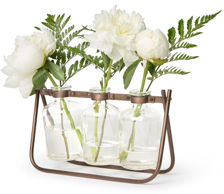 Hinged Flower Arranger with 3 Glass Bottle Vases on Metal Stand