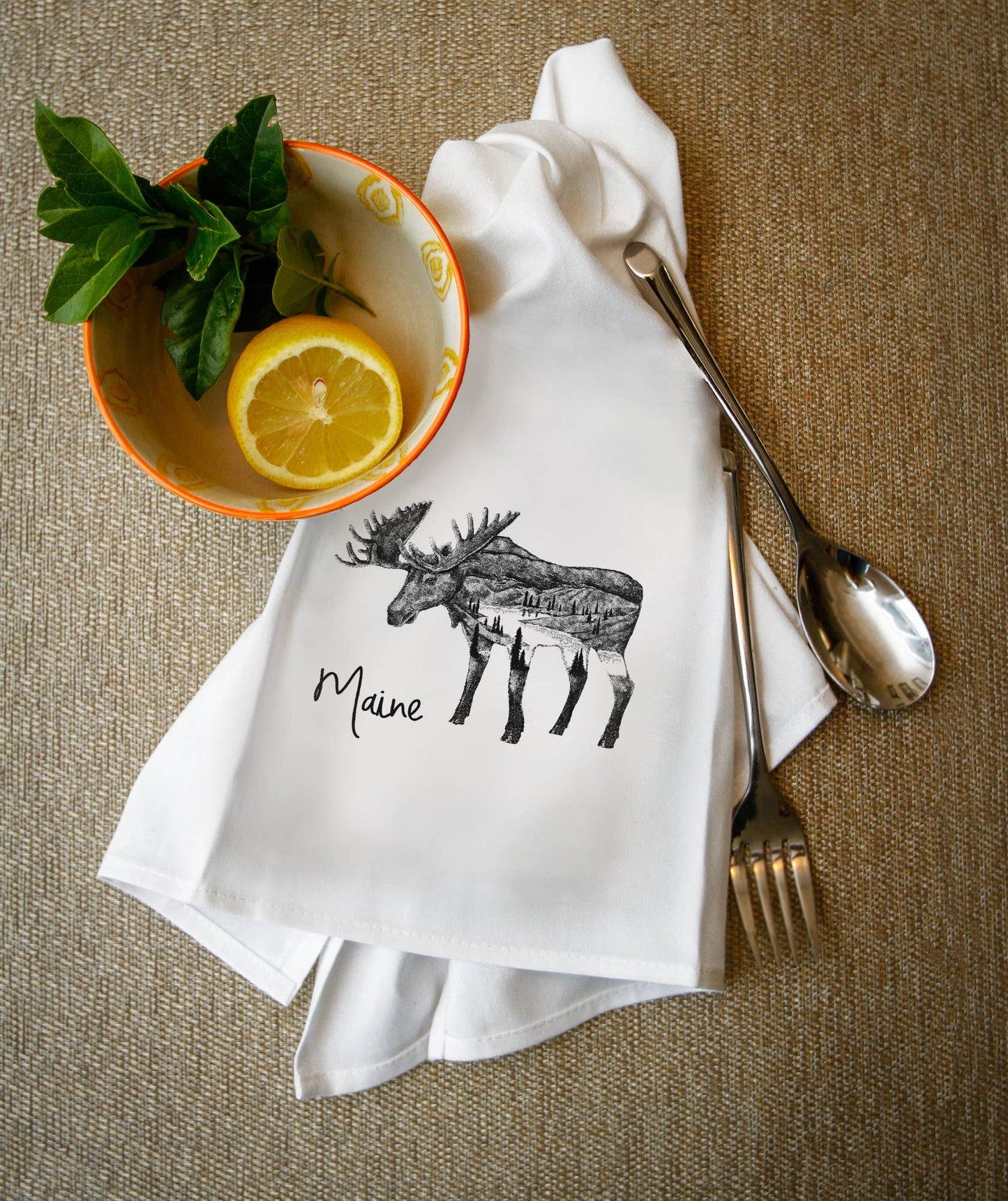 Towel - Organic Tea Towel - Maine - Moose Double Exposure