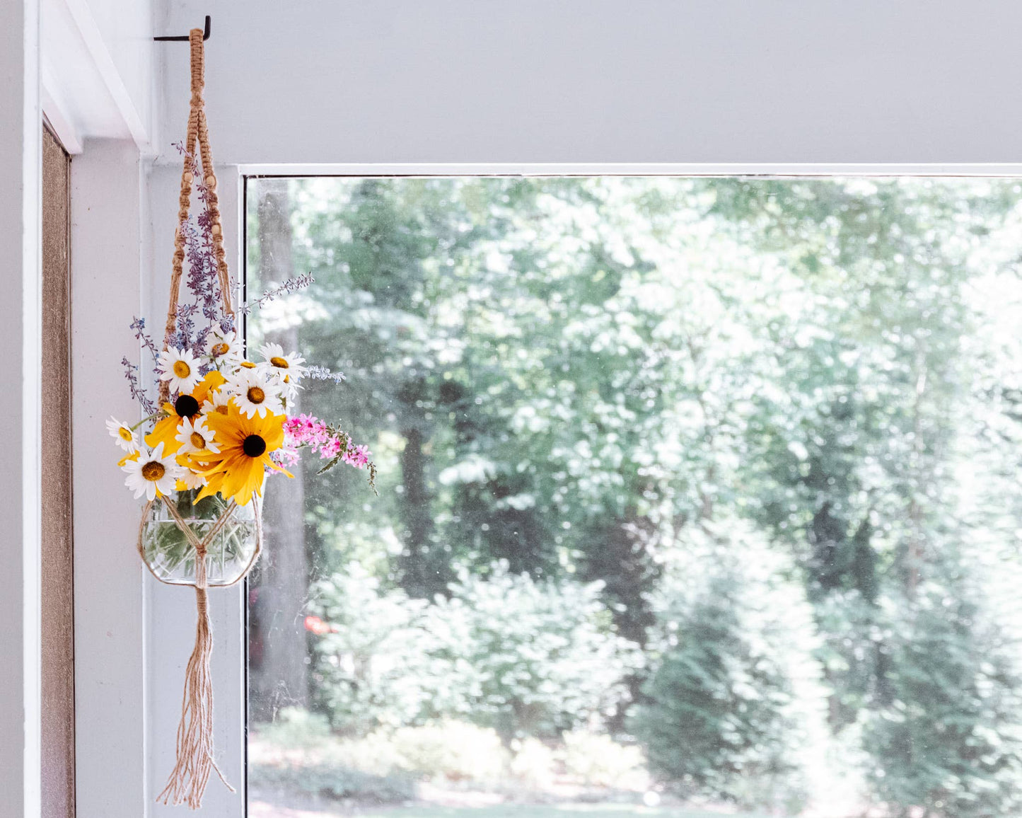Mini Dark Macrame Hanging Planter with Glass Flower Pot