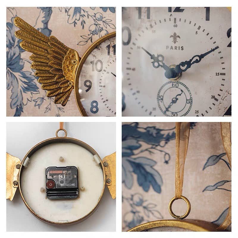 Iron Clock with Angel Wings in Gold Finish