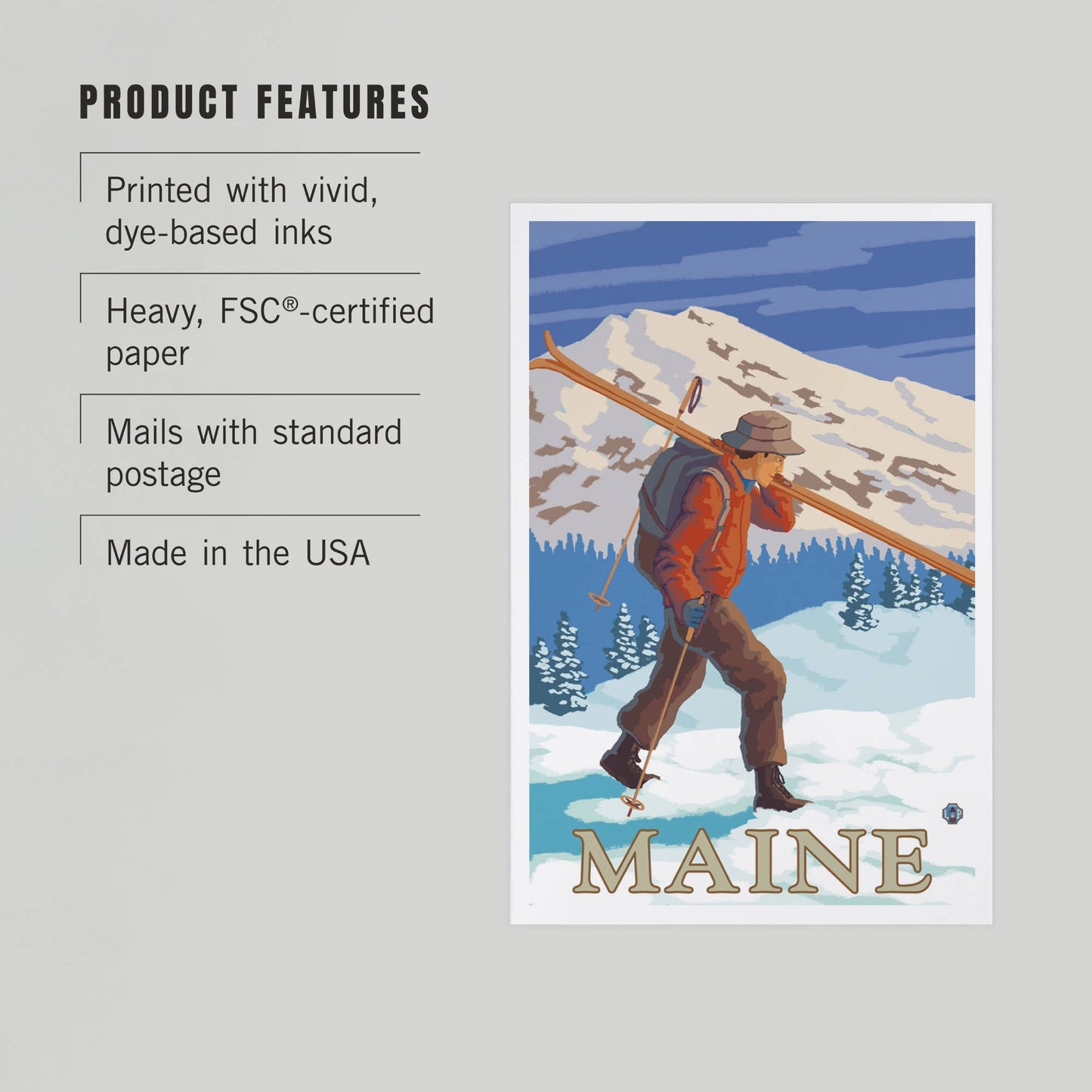 Postcard - Maine - Skier Carrying Skis