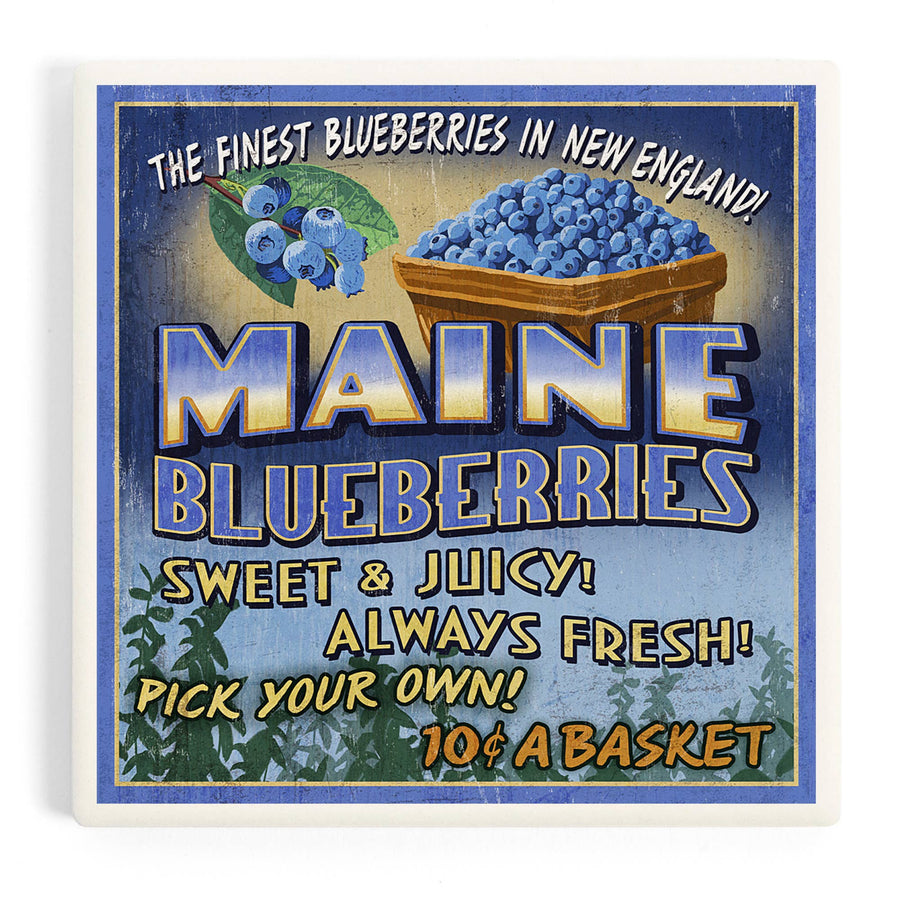 Coaster - Ceramic - Maine - Blueberries Vintage Sign