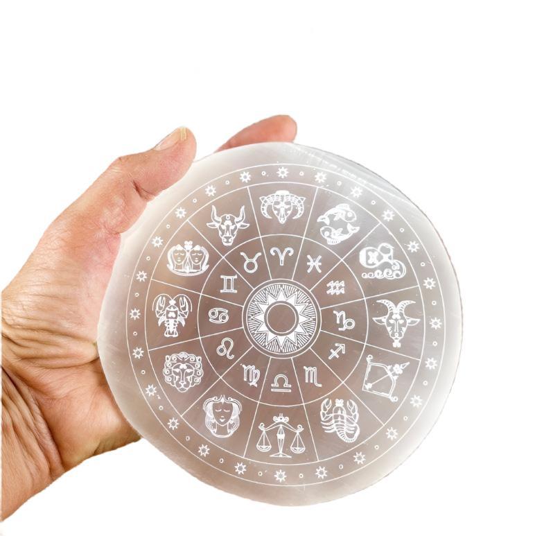 Crystal Selenite Charging Plate with Engraved Zodiac Signs