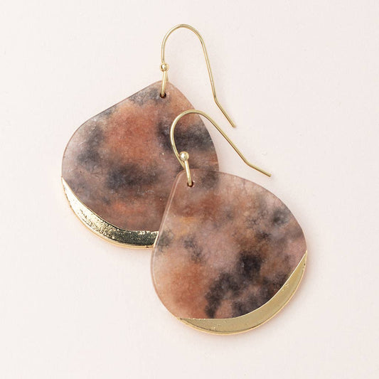 Earrings - Stone Dipped Teardrop  - Pink Agate/Gold