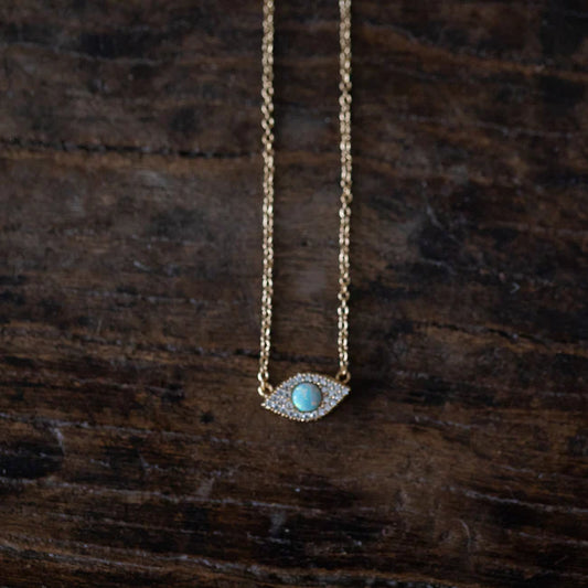Necklace - Gold Plated Evil Eye Necklace with Opal 16"