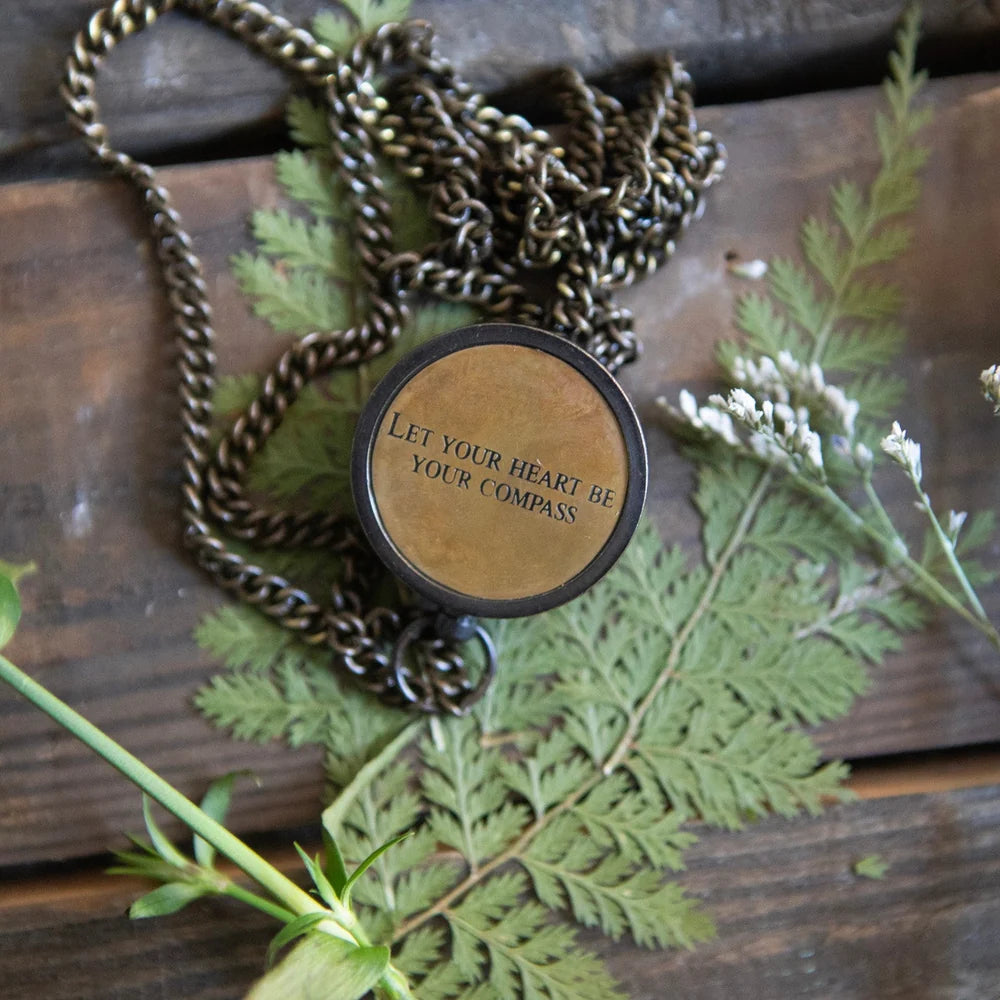 Compass w/ Chain & Leather Pouch - Let your heart be your compass