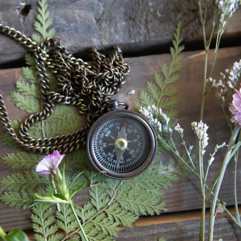 Compass w/ Chain & Leather Pouch - Let your heart be your compass