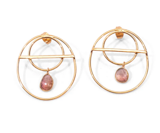 Earrings - Hoop Studs with Watermelon Tourmaline Drop Charm vary