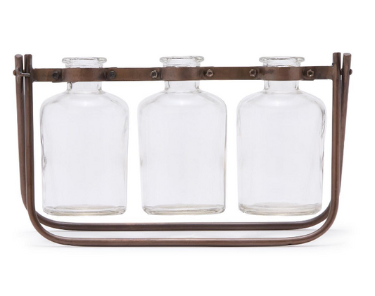 Hinged Flower Arranger with 3 Glass Bottle Vases on Metal Stand