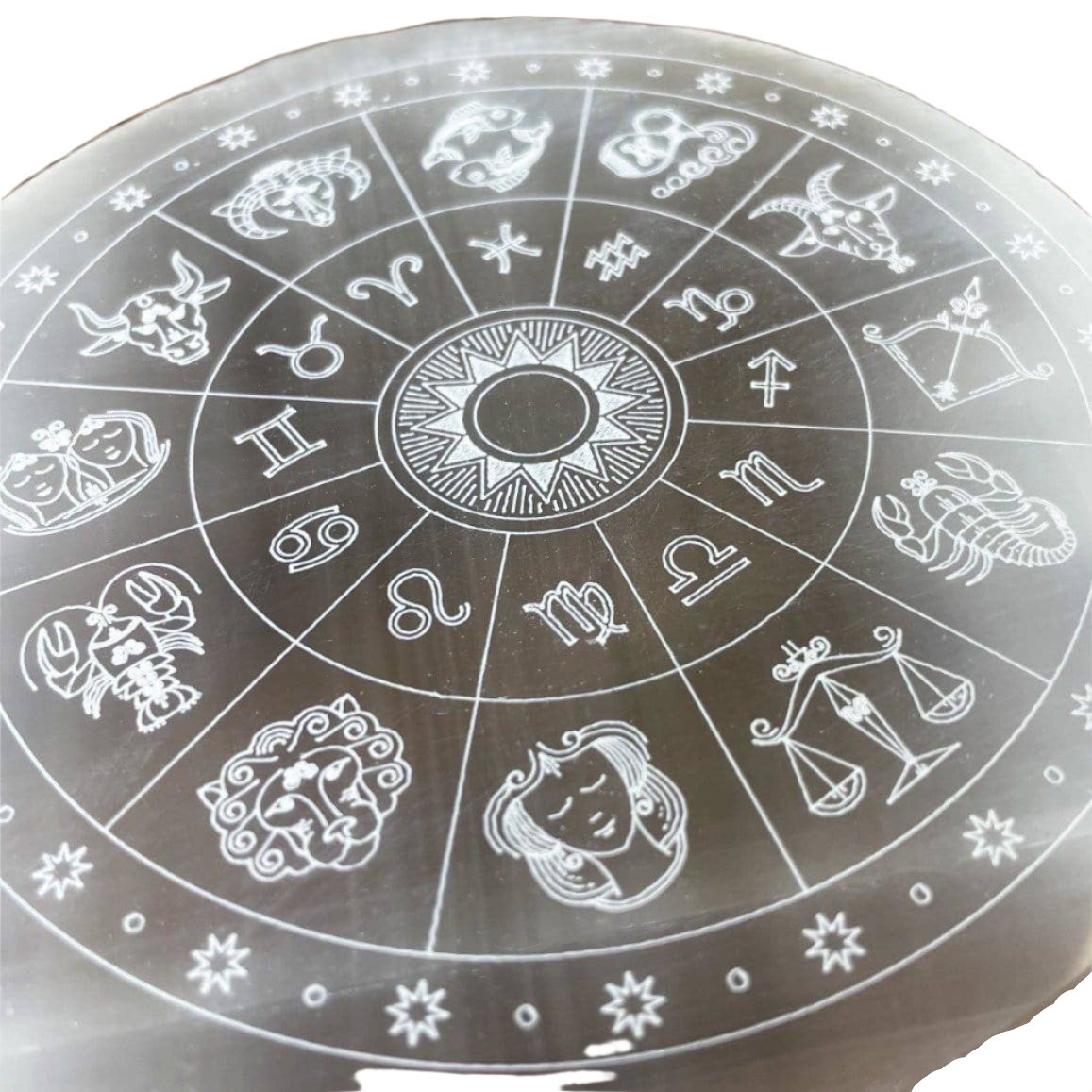 Crystal Selenite Charging Plate with Engraved Zodiac Signs