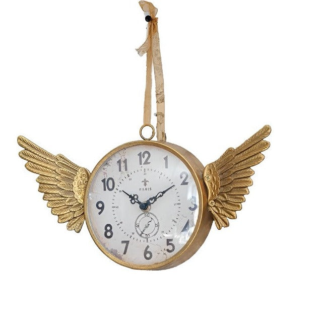 Iron Clock with Angel Wings in Gold Finish