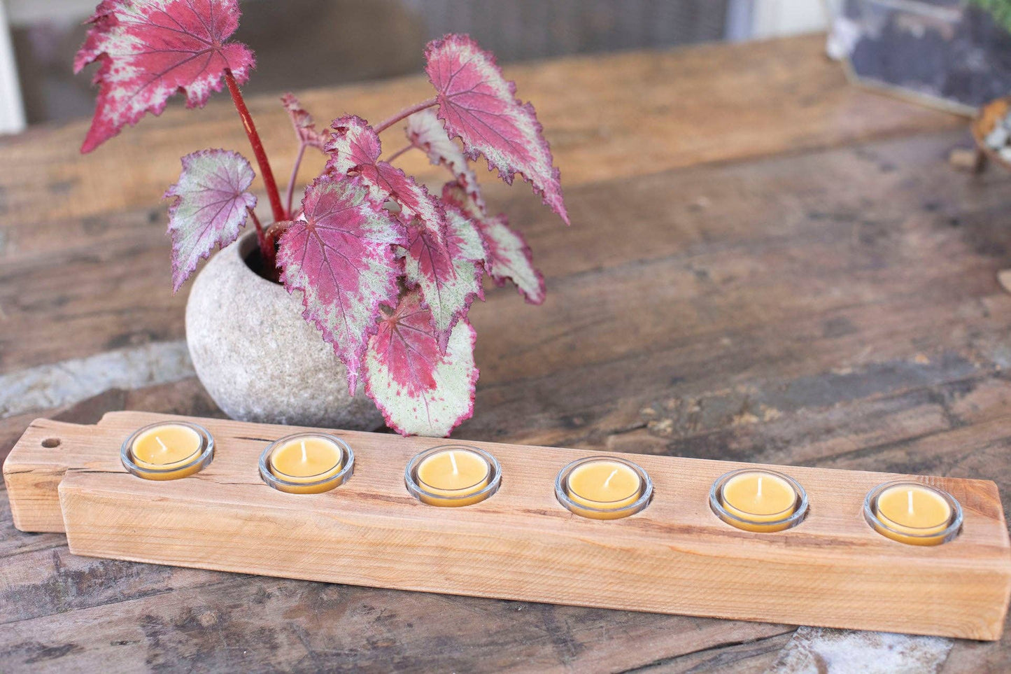 Recycled Pine Wood Tea Light Candle Tray - 6 candles 21" x 3" x 2"